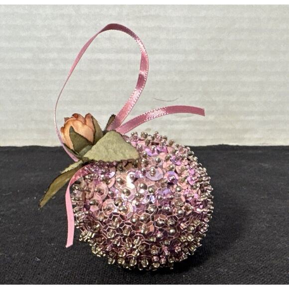 2” Vintage Pink Sequin Christmas Ball With Rose Embellishment - Picture 6 of 6